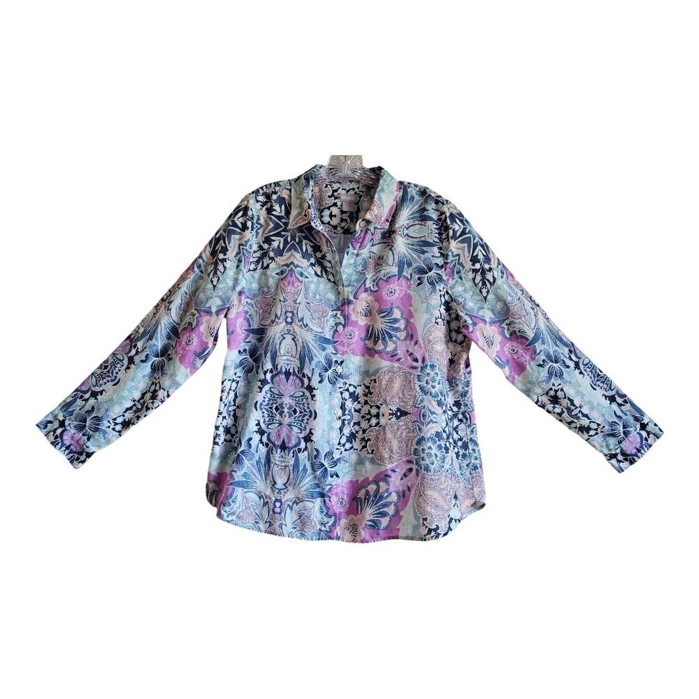 CHICO'S 2 Women's 12 14 Linen Blouse Button Up Paisley Wrinkle Resistant 44"